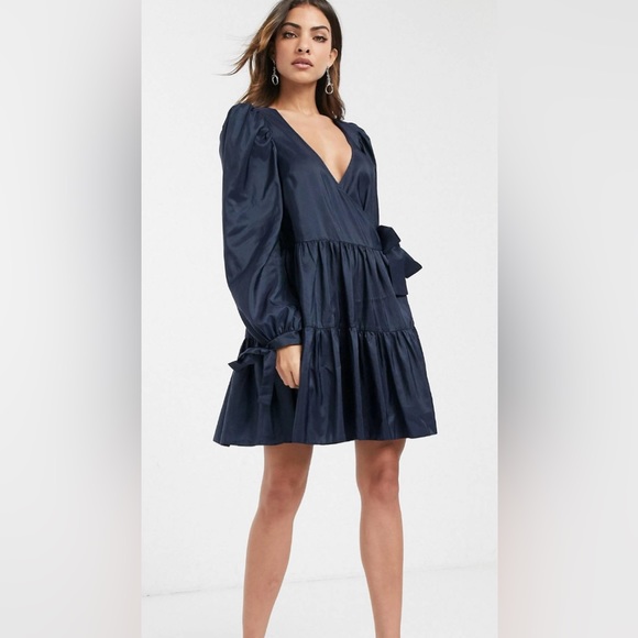 ASOS Design Wrap Front Smock Mini Dress in Navy Blue Taffeta, Size 12 - Picture 7 of 10